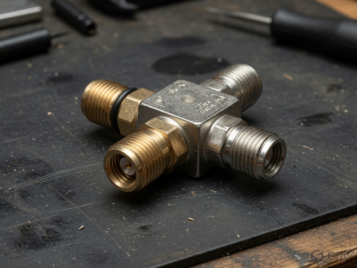 Two-way coaxial splitter with three F-type ports, brass and nickel, on a workbench