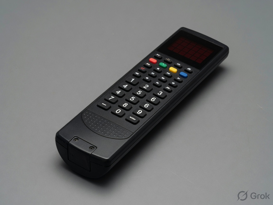 Black IR remote with a 0-9 keypad, colored function keys, and a red LED grid